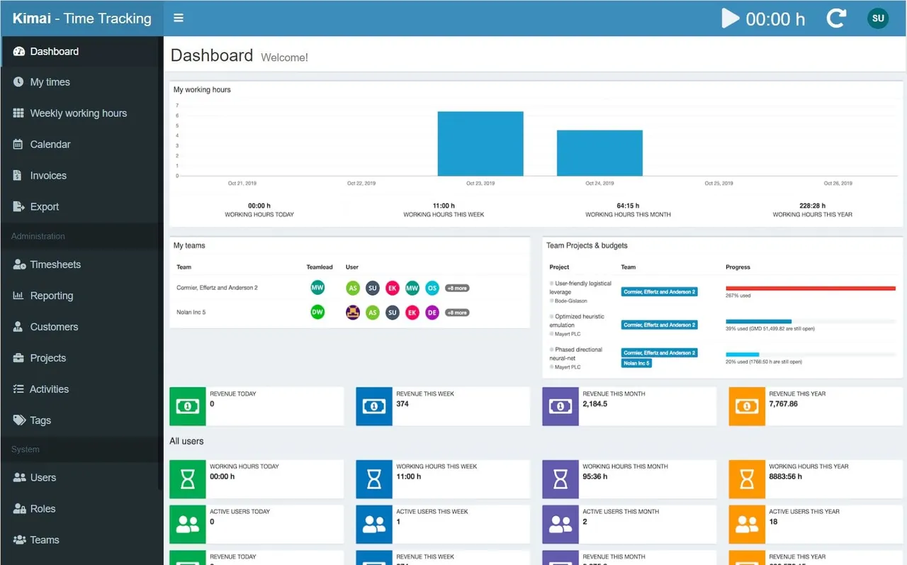 Kimai interface