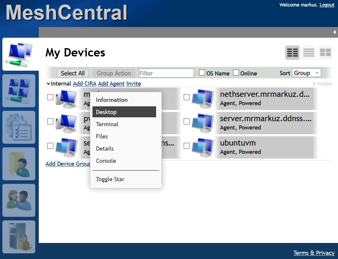 MeshCentral interface