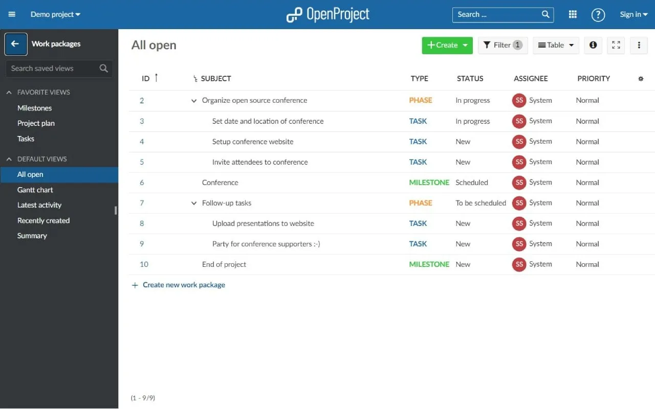 OpenProject interface