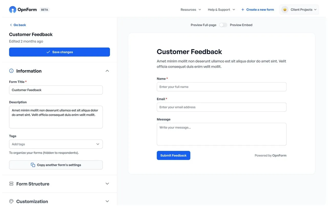 OpnForm interface