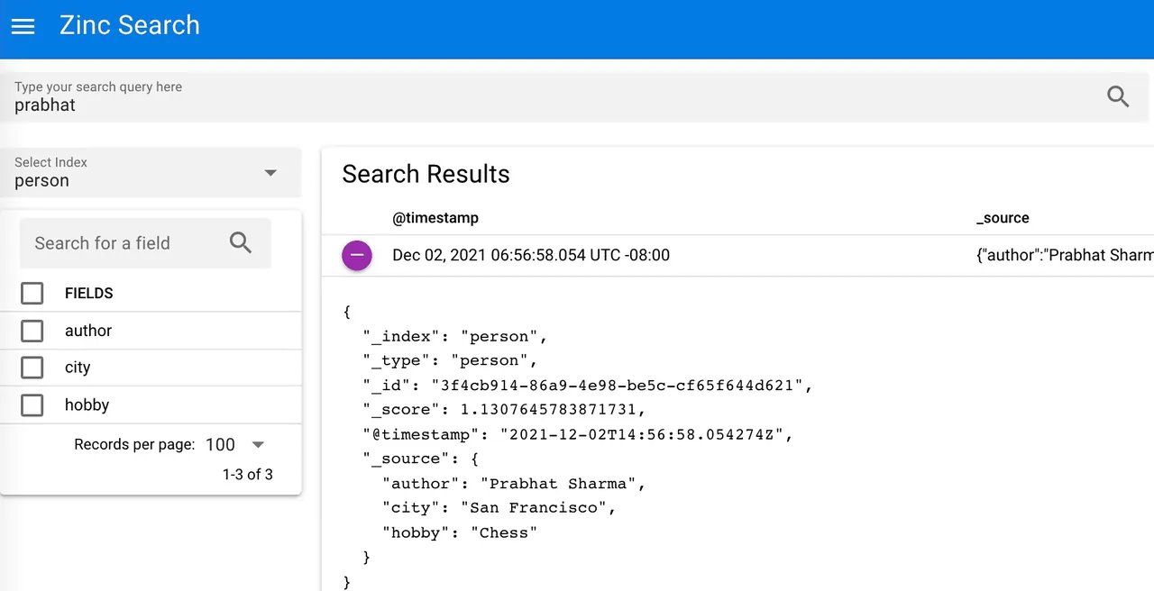 ZincSearch interface